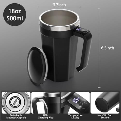 ZenRui Self Stirring Coffee Mug with Temperature Display, 18 oz Rechargeable Self Stirring Mug with Lid, Automatic Self Stirring Cup, Coffee Mug with Stainless Steel for Coffee, Milk, Beverages, Black - Thumbnail 4
