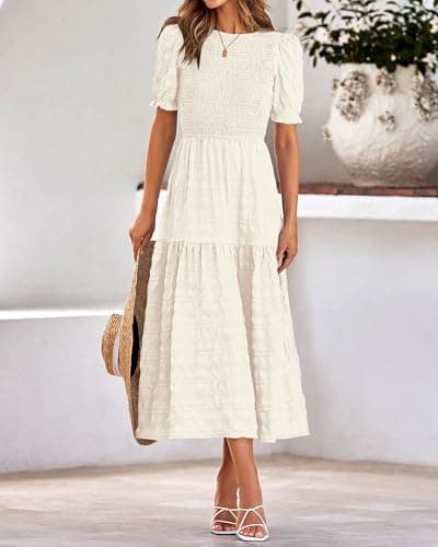 dowerme Womens Summer Dresses 2025 Casual Puff Short Sleeve Crewneck Smocked Flowy Ruffle Boho Beach Party Maxi Sundress(Beige,Large) - Thumbnail 2