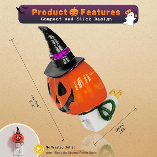 JandCase Halloween Night Light, 3000K Night Lights Plug into Wall,Cute & Funny Pumpkin Night Light for Kids,Plug in Pumpkin Nightlight with 360° Rotatable for Halloween Party Decor,1 Pack - Thumbnail 5