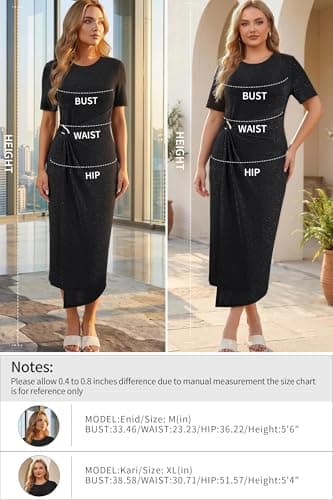 Autumn Flowerwall Women's 2026 Summer Shimmer Ruched Bodycon Split Midi Dress Short Sleeve Metal Buckle Elegant Wedding Guest Cocktail Formal Party Dress Black Large - Thumbnail 6