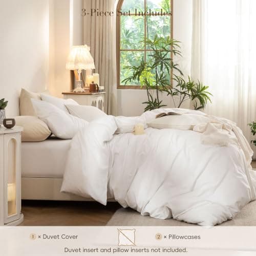 ELIMMO California King Duvet Cover - 3 Piece 100% Washed Cotton Linen Feel Bedding Set, All Season Durable Breathable Comfy Minimalist, Off White 104" X 98" - Thumbnail 3
