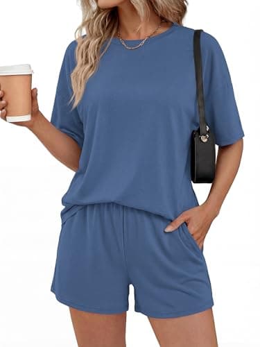BTFBM 2 Piece Lounge Sets For Women 2026 Summer Airport Travel Vacation Outfits Loose Matching Clothing Spring Short Set(Grey Blue, XX-Large) - Image 1
