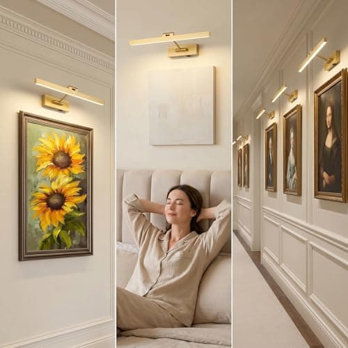 JOOSENLUX Dimmable Battery Operated Picture Light - Wireless Art Display, Single-Rod Swing Arm LED Fixture - Adjustable 16" Long Gold Wall Light for Paintings. - Thumbnail 2