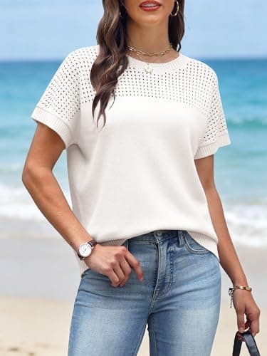Anbech Womens Crochet Top Knitted Tops for Women Light Sweaters White Sweater Casual Outfits White, M - Thumbnail 2