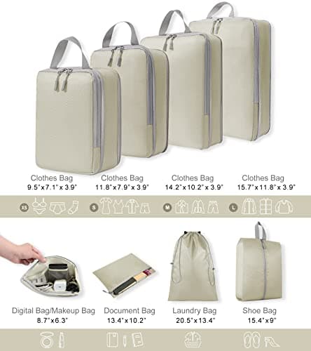 WOOMADA Compression Packing Cubes for Suitcases Travel Essentials 8 Set Expandable Travel Bags Organizer for Luggage(beige) - Thumbnail 3