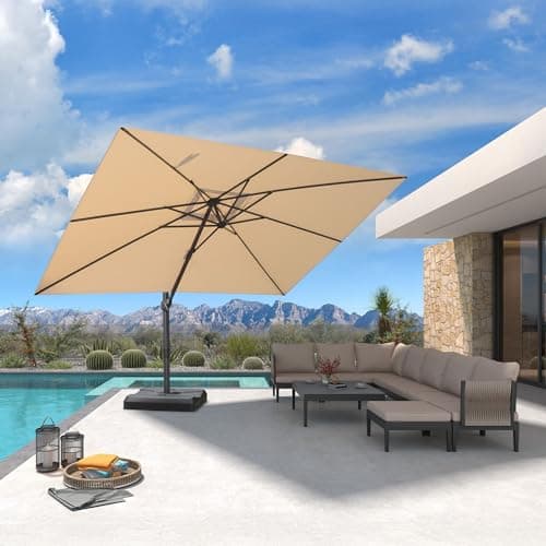 PURPLE LEAF 9' X 11.5' Patio Cantilever Umbrella Outdoor Rectangle Adjustable Offset Umbrellas with 360-degree Rotation and 8 Heavy Duty Metal Ribs for Garden Deck Pool Beige - Thumbnail 2