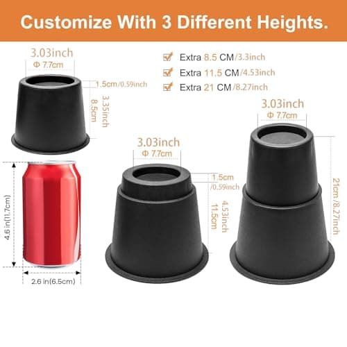 NKPOPHETE 8 inch Bed Risers Adjustable Furniture Risers - Heavy Duty Non-Slip Lift Supports for Beds/Couches/Sofas, Durable Round Design with Creates Storage Space (6 Pack Black, 3/5/8 inch Round) - Thumbnail 3