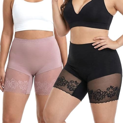 QiuDumo Womens Sheer Lace Slip Shorts Cotton Sheer Flexible Mid Rise Friction Relief Gentle Shaping Vacation Travel One Size Plus Pink Black - Image 1