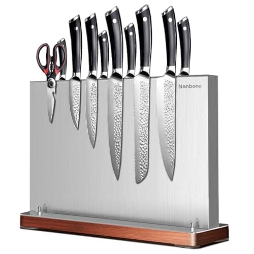 Magnetic Knife Block Stand Without Knives Double Sided Magnetic Knife Holder Rack for Kitchen Counter Stainless Steel Knife Magnetic Strip Display Stand Storage Organizer with Wood Base
