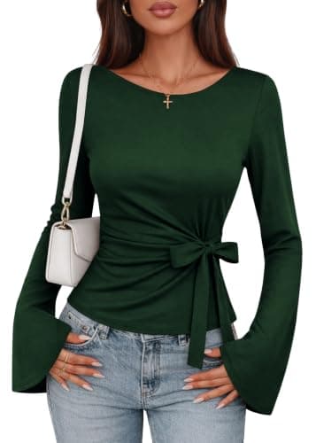 Lazysmile Womens 2026 Spring Long Sleeve Shirts Crewneck Tie Waist Crop Going Out Tops Casual Business Blouses Dark Green - Image 1
