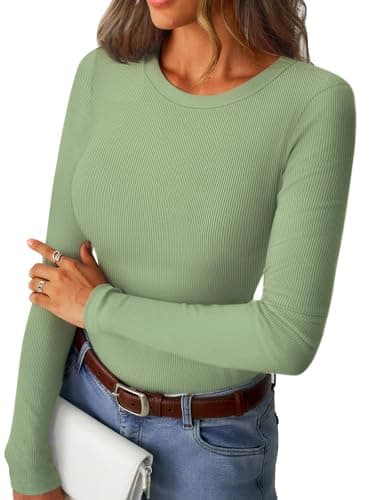 GKBK Womens Long Sleeve Ribbed Tops Fitted Stretch Casual Crewneck Basic Tee Shirts Tight Layering 2026 Fall Fashion Outfits Light Green - Image 1