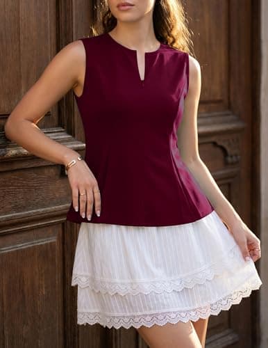 APRRAIN Peplum Tank Tops for Women Dressy Business Casual Work Sleeveless Blouse Summer Office Suit Vest Top Shirts 2026 Trendy Outfits Professional Clothes Wine Red - Thumbnail 3