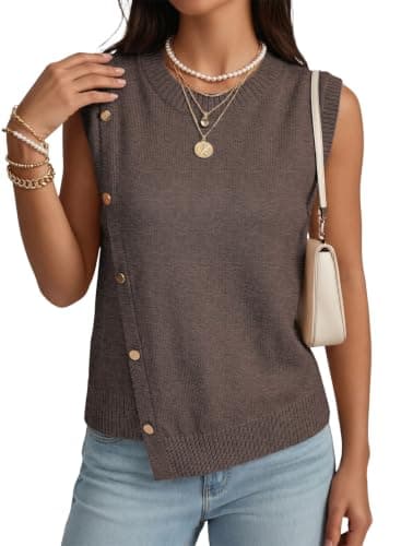 Pink Queen Womens Sweater Vest Top Solid Color Basic Sleeveless Lightweight Knit Tank Tops 2026 Fall Winter Button Decoration Asymmetrical Hem Clothes Vacation Outfits Coffee S - Image 1