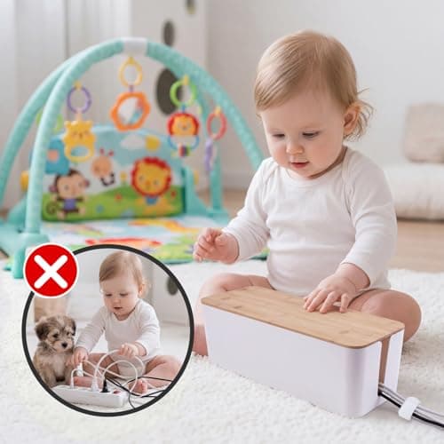 2 Pack Cable Management Box - Cord Organizer Box with Wooden Lid for TV Wires, Power Strips, Router, USB Hub & Under Desk Power: Baby & Pet Proof Cord Management, Cord Hider for Home & Office (White) - Thumbnail 6