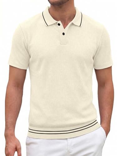 Crastimo Men's Textured Polo Shirt Vertical Rib Short Sleeve Contrast Trim Collar Hem 2-Button Classic Fit Casual Golf White S - Image 1