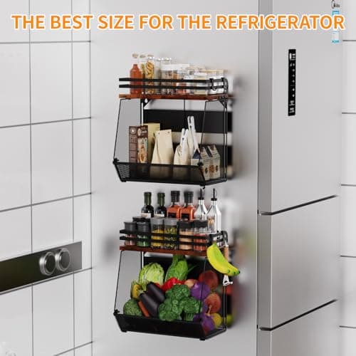 Couwilson Magnetic Shelf for Fridge with Wood Lid - Magnetic Spice Rack for Refrigerator， Mesh Design Large Shelf Basket, Shelves for Kitchen Pantry Storage Organizer for Food Fruit Veg (1Pack) - Thumbnail 6