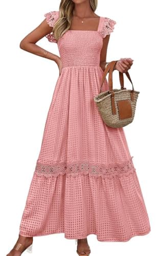 PRETTYGARDEN Women's Smocked Summer Maxi Dresses 2026 Ruffle Cap Sleeve Square Neck Lace Detail Flowy Sundress with Pockets (Pink, XX-Large)