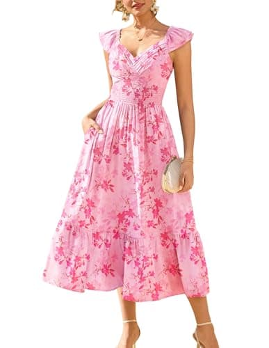 GRACE KARIN Women's Summer Floral Maxi Dress 2026 Ruffle Sleeve Smocked Sundress Flowy Wedding Guest Long Dresses Pink Floral L - Image 1