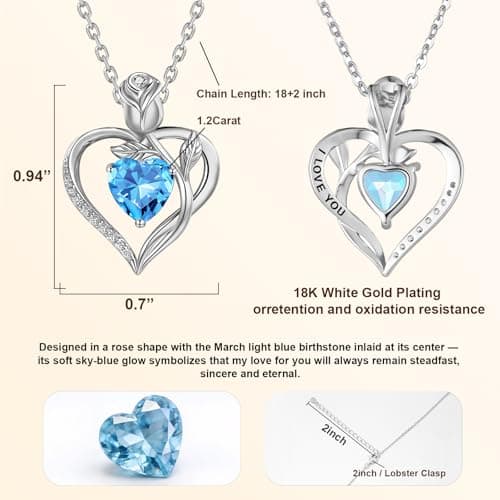 JACUPO Heart Birthstone Silver Necklace for Women(03 - Aquamarine) - Thumbnail 2