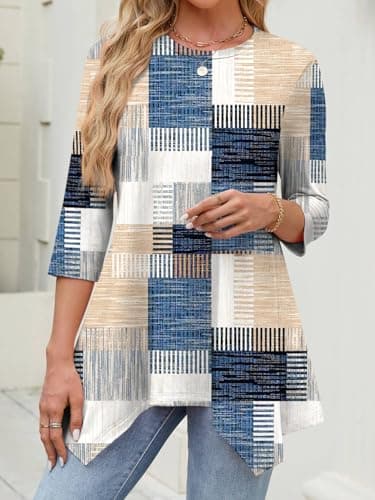 JUSTFASHIONNOW 3/4 Length Sleeve Tunic Tops for Women Loose Fit Dressy Casual Maternity Blouses Shirts with Asymmetrical Hem（patchwork Print，Large - Thumbnail 5