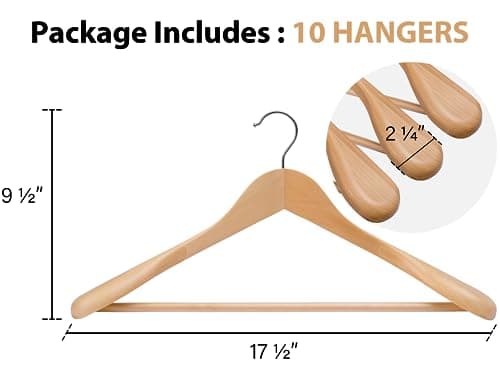 StorageWorks Wooden Hangers 10 Pack, Extra Wide Shoulder Wood Coat Hanger for Coats, Shirts, Jackets, Pants, Suits, Natural Wood Color - Thumbnail 2