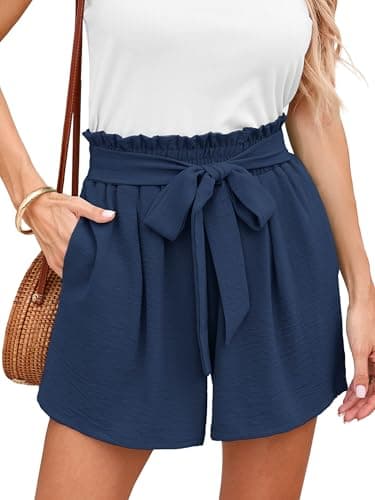 DEARCASE Elastic Waist Shorts for Women Summer Navy Blue X-Large Beach High Rise Adjustable Lightweight Tie Knot Drawstring Stretchy Lounge Casual Wide Leg Office Boho Short Pants with Pockets - Image 1