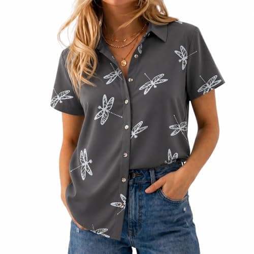 Chicwave Women's Short Sleeve Button Down Shirt, Collared V Neck Floral Print Blouse, Lightweight Casual Work Top for Office, Travel, Vacation, Summer, Gray - Thumbnail 2