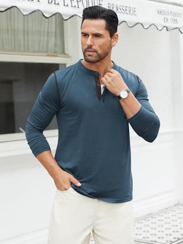 Hardaddy Men's Color Contrast Henley Shirt Long Sleeve Button T-Shirt Lightweight Henley Tshirt for Men Basic Pullover Shirt with Pocket Deep Blue XXL - Thumbnail 3