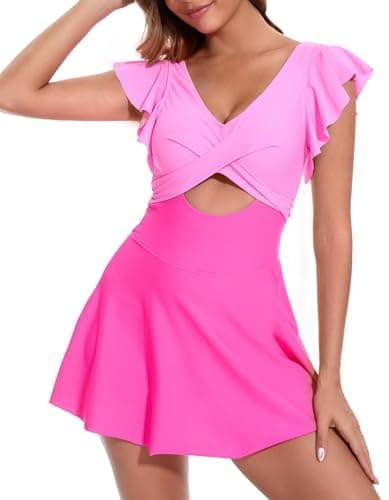 MFAVIP Women One Piece Swim Dress Tummy Control Swimsuits V Neck Ruffle Bathing Suit Cutout Wrap Side Tie Swimwear with Skirt Pink - Thumbnail 2