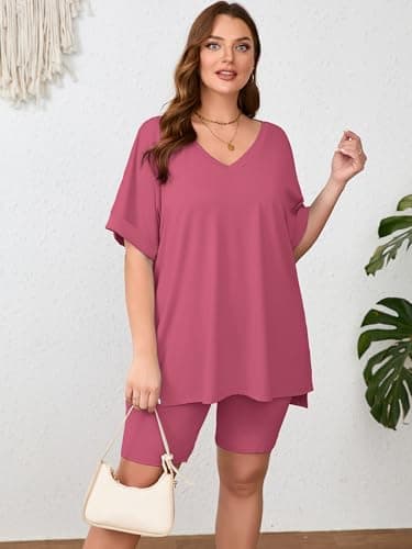 AusLook Women's Plus size 2 Piece Short Outfits Set Short Sleeve Tops and Shorts Pants Purple Red 2X Casual Comfy Soft Ladies Short Sleepwear Lounge Pajama Matching Set - Thumbnail 4