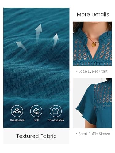 Funlingo Women Summer Tops Ruffle Short Sleeve V Neck Blouses Dressy Casual Eyelet Lace Work Shirts Spring Clothes Trendy Outfits Deep Blue S - Thumbnail 5