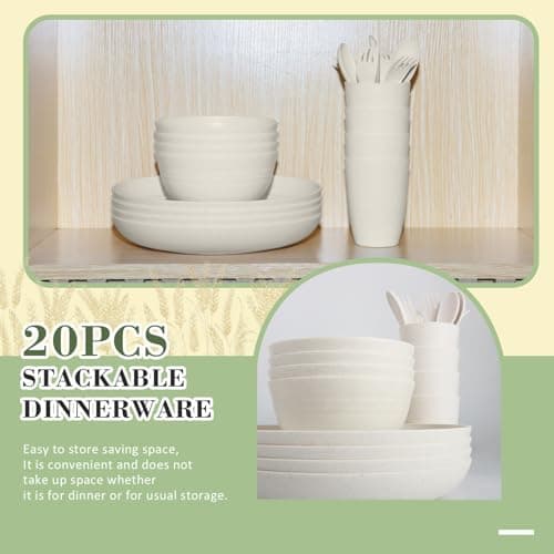 Wrova Wheat Straw Dinnerware Sets of 20,Dishwasher Safe Kitchen Plates and Bowls Sets,Camping Dishes Sets Contains Dinner Plates,Cereal Bowls,Drinking Cups and Flatware.(Beige) - Thumbnail 3