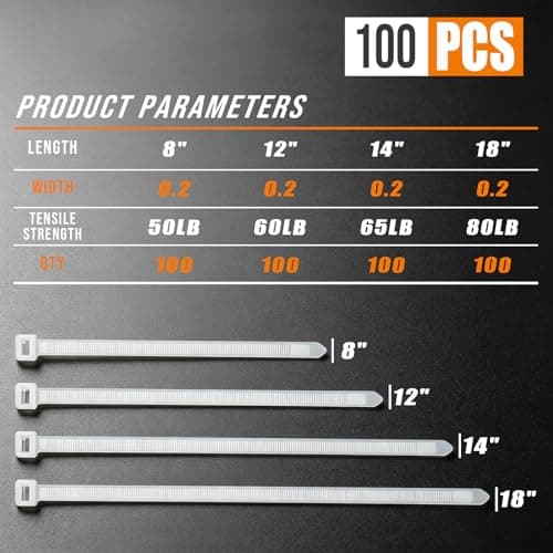 YUZE-WZDQ Zip Ties White Cable Ties Heavy Duty with 50 LBS，400 Pack Assorted Sizes 8+12+14+18 Inch,Industrial Plastic Ties With Self-Locking Adjustable More Durable Nylon Tie Wraps for Indoor Outdoor - Thumbnail 2