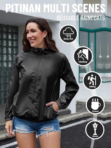 PITINAN Black Rain Jacket Women Waterproof Raincoat Lightweight Rain Jacket Hooded Windbreaker with Pockets for Outdoor Womens Rain Jackets with Hood Black M - Thumbnail 3