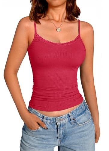 GKBK Sleeveless Camisole Tank Tops for Women Y2K Spaghetti Strap Lace Scoop Neck Slim Fit Basic Cami Shirts Going Out Beach Vacation Summer Top Red S - Image 1