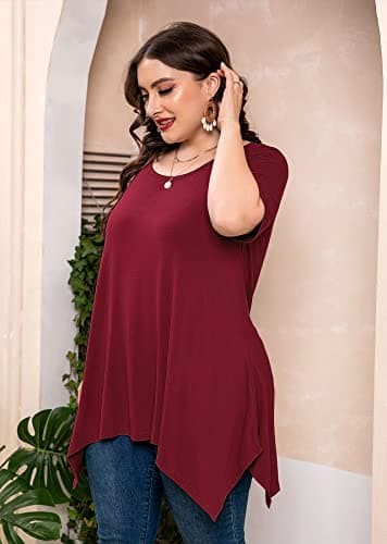 AusLook Plus Size Tunic Top for Women Clothes Short Sleeve Christmas Burgundy 3X Summer Blouse Swing Tee Crewneck Clothing Flowy Shirts for Leggings - Thumbnail 4