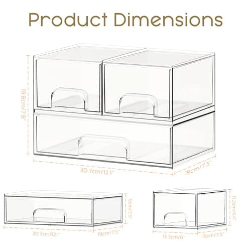 Criusia Stackable Storage Drawers, 3 Pack Clear Acrylic Makeup & Bathroom Organizer, Versatile Storage Bins for Vanity, Under Sink, Kitchen Cabinets & Pantry - Thumbnail 2