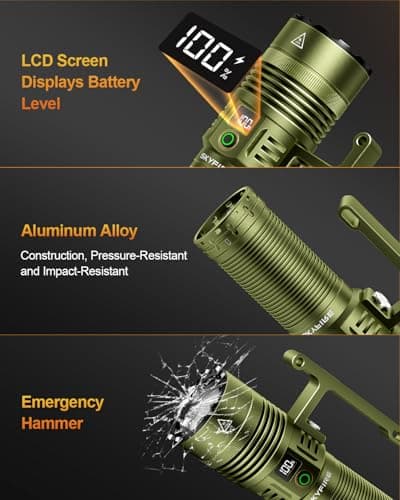 SKYFIRE Rechargeable Spotlight, 13000 Lumens High Lumens Flashlight, 32000mAh 24H Runtime LED Searchlight, IP67 Waterproof Handheld Spotlight for Hunting Boating Camping, 10 Modes with LCD Display - Thumbnail 5