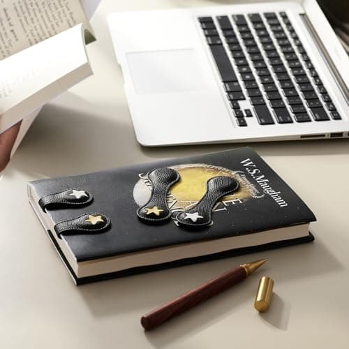 2Pcs Magnetic Leather Bookmarks with Gift Box, Magnetic Pen Holder Book Marks Clip Gift for Book Lover Readers Men Women Teachers Students, Star (Black+Black) - Thumbnail 2