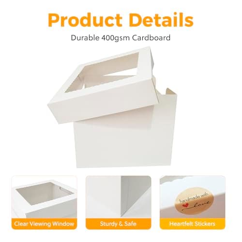 5 Pack Cake Boxes,10x10x8 Inch Tall Cake Box with Cake Boards 10",Disposable Cake Containers with Lids,White Bakery Boxes with Large Window,for Layer Cakes,Pies,Donuts,Cookies,Wedding,Birthday,Party - Thumbnail 3