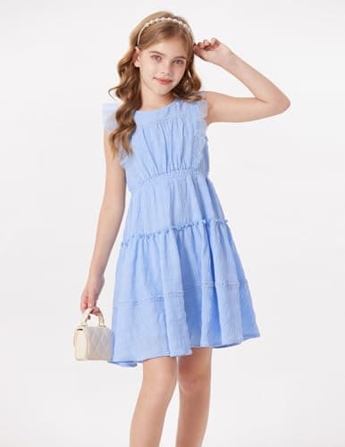 GRACE KARIN Girls Sleeveless Summer Dress, Ruffle Tiered Easter Spring Party Dresses for Little Kids Size 10,Light Blue - Thumbnail 6