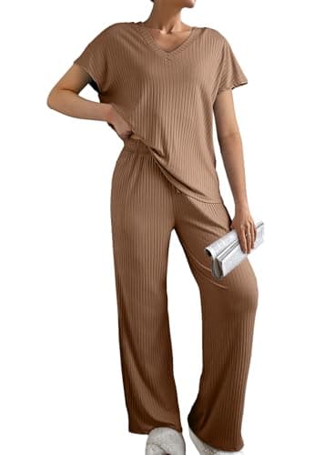 SHEWIN Spring Outfit for Women 2026 V-neck Knit Matching Sets Womens Pajamas Set Summer Sweater Loungewear Sleepwear Casual Lounge Sets, Khaki XL - Image 1