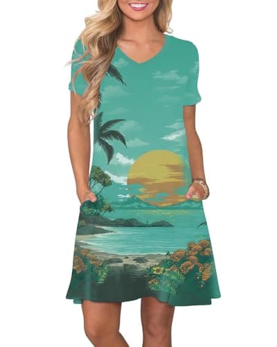 COSSEN Summer Dresses for Women Green Trees X-Large Casual T Shirt Dress V-Neck Short Sleeves Ladies Teacher Swing Loose Comfy Vacation Birthday Party Travel Beach Sundress with Pockets - Image 1