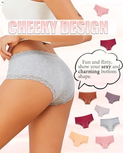 FINETOO Cotton Underwear for Women Sexy Boy Shorts Breathable Cheeky Lace Trim Panties Womens Underwear 6 Pack - Thumbnail 6