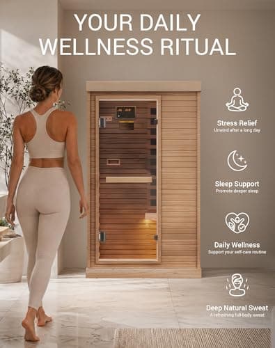 Mikolo 1 Person Far Infrared Sauna for Home | Ultra-Low EMF Indoor Dry Sauna | Solid Canadian Hemlock with 5 Carbon Heaters | Chromotherapy Light Therapy & Bluetooth for Wellness and Relaxation - Thumbnail 2
