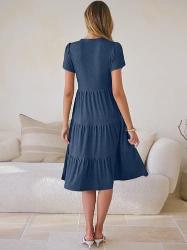 ANRABESS Womens Summer Causal Dresses V Neck Short Sleeve Midi Dress 2026 Flowy Tiered Boho Beach Sundress Vacation Outfits Blue M - Thumbnail 4