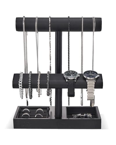 ProCase Watch Holder Stand for Men, Gift for Him Dad Father Boyfriend, Wood Jewelry Display Rack, Necklace Hanger Organizer for Chains Bracelets Rings -Black - Image 1