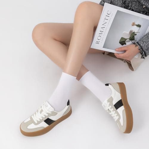 Rihero Platform Sneakers for Women Comfortable Tennis Walking Shoes Summer Retro Fashion Sneakers White Black Size 9 - Thumbnail 2