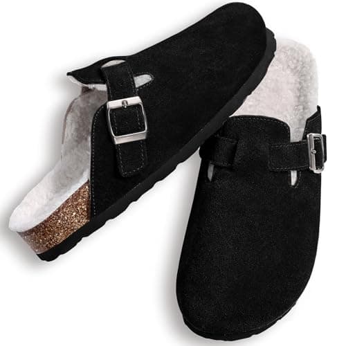 KIDMI Women's Fur Lined Suede Clogs Fuzzy Cork Footbed Mules Slip On Winter Potato Shoes, Black 37 (Size 6-6.5) - Thumbnail 6