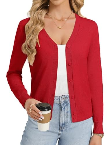 GRACE KARIN Womens Red Cardigan Sweaters Lightweight Button Up Spring Cardigans Knit Shrug Trendy Summer Outfits XXL - Image 1